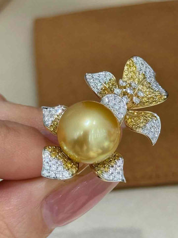 Diamond and Golden South Sea Pearl Ring