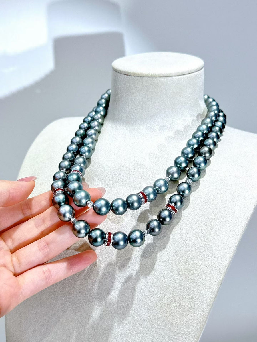Double-Layer Tahitian Pearl & Ruby Necklace | 8.4–10.8mm
