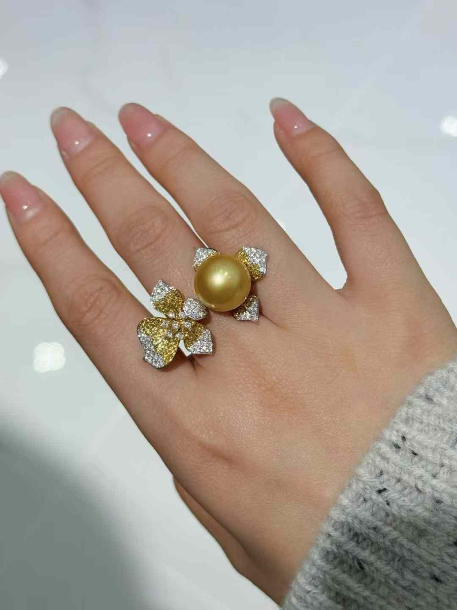 Diamond and Golden South Sea Pearl Ring