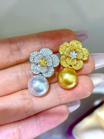 Two-Tone Diamond Flower Earrings | Golden & White South Sea Pearls | 12–13mm