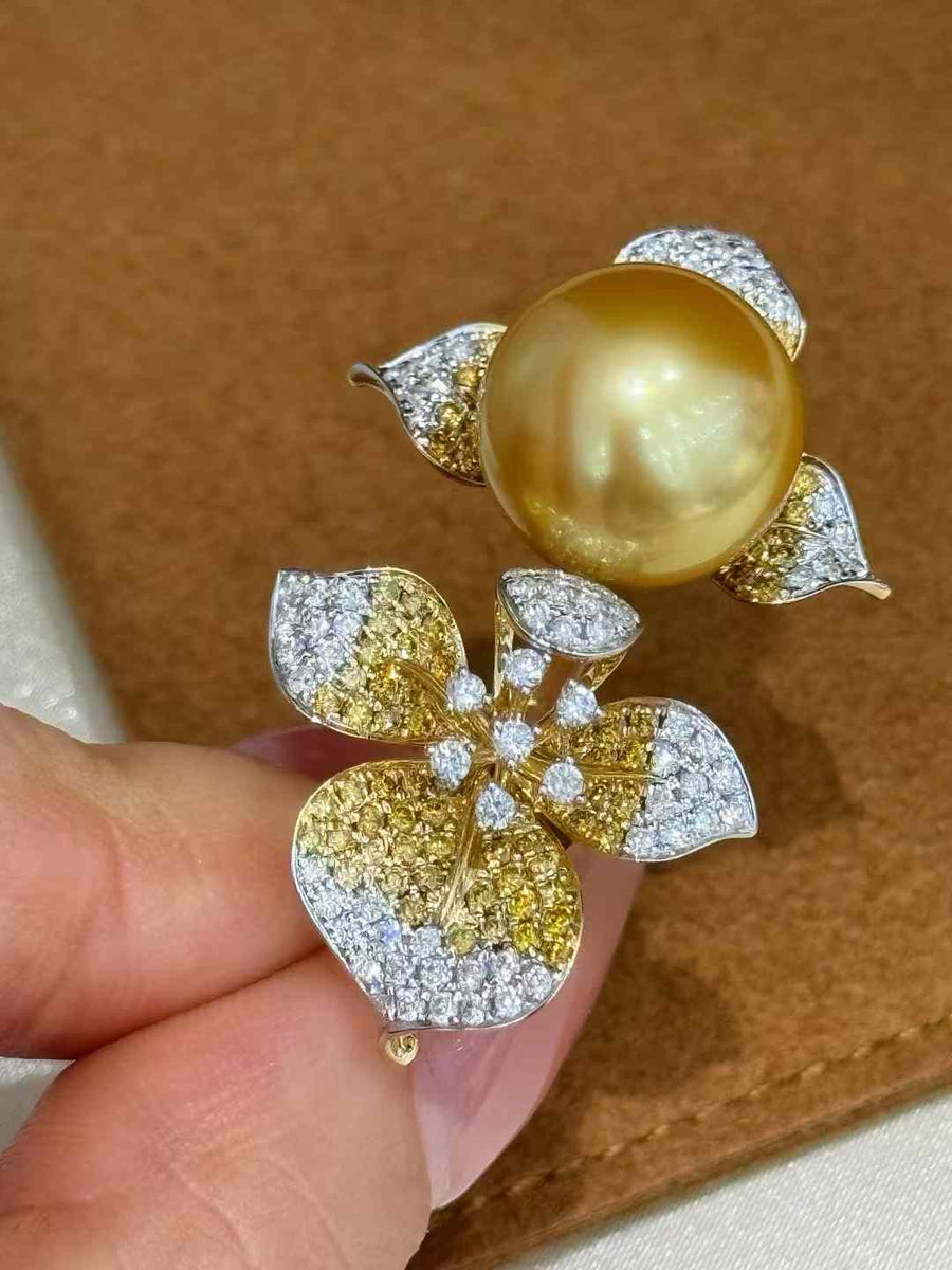 Diamond and Golden South Sea Pearl Ring