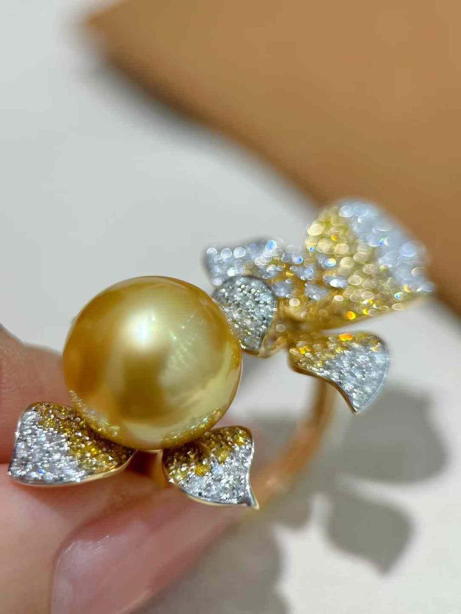 Diamond and Golden South Sea Pearl Ring