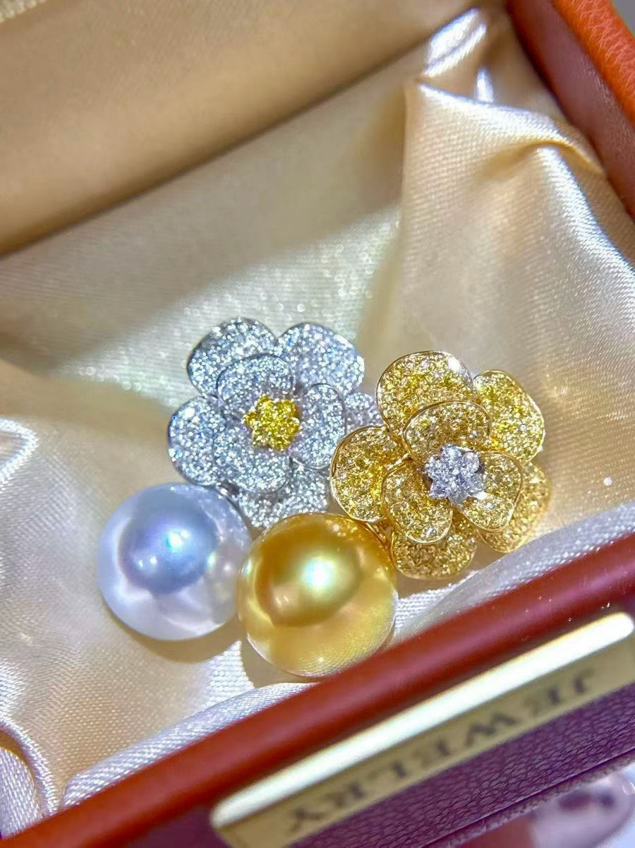 Two-Tone Diamond Flower Earrings | Golden & White South Sea Pearls | 12–13mm