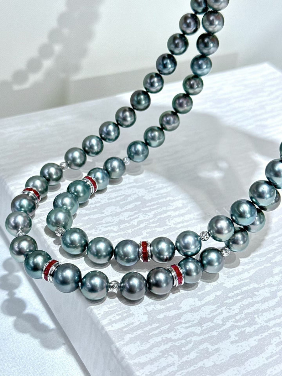 Double-Layer Tahitian Pearl & Ruby Necklace | 8.4–10.8mm
