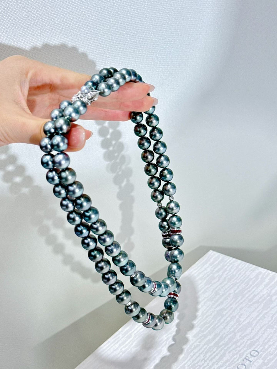 Double-Layer Tahitian Pearl & Ruby Necklace | 8.4–10.8mm