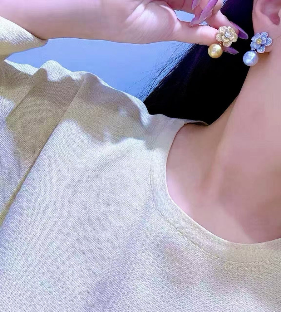 Two-Tone Diamond Flower Earrings | Golden & White South Sea Pearls | 12–13mm