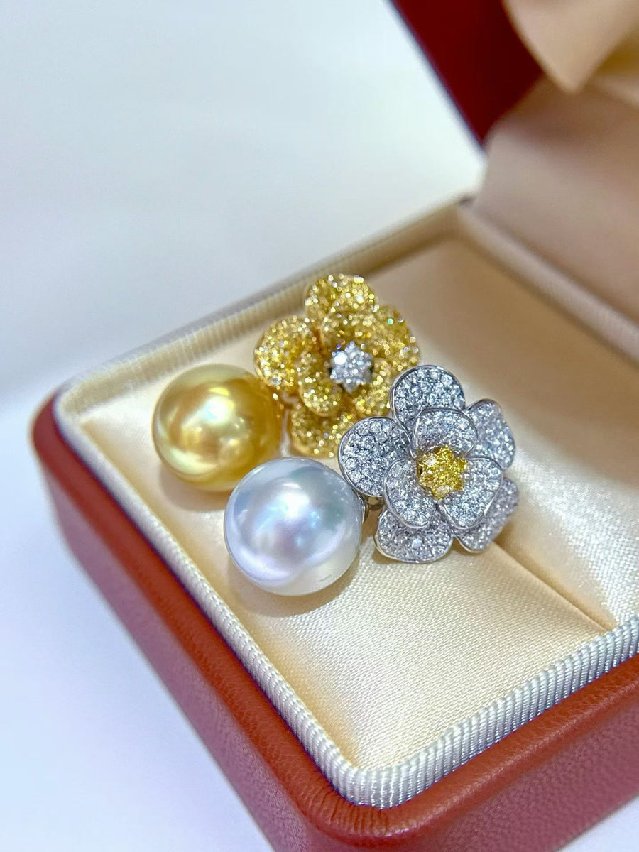 Two-Tone Diamond Flower Earrings | Golden & White South Sea Pearls | 12–13mm