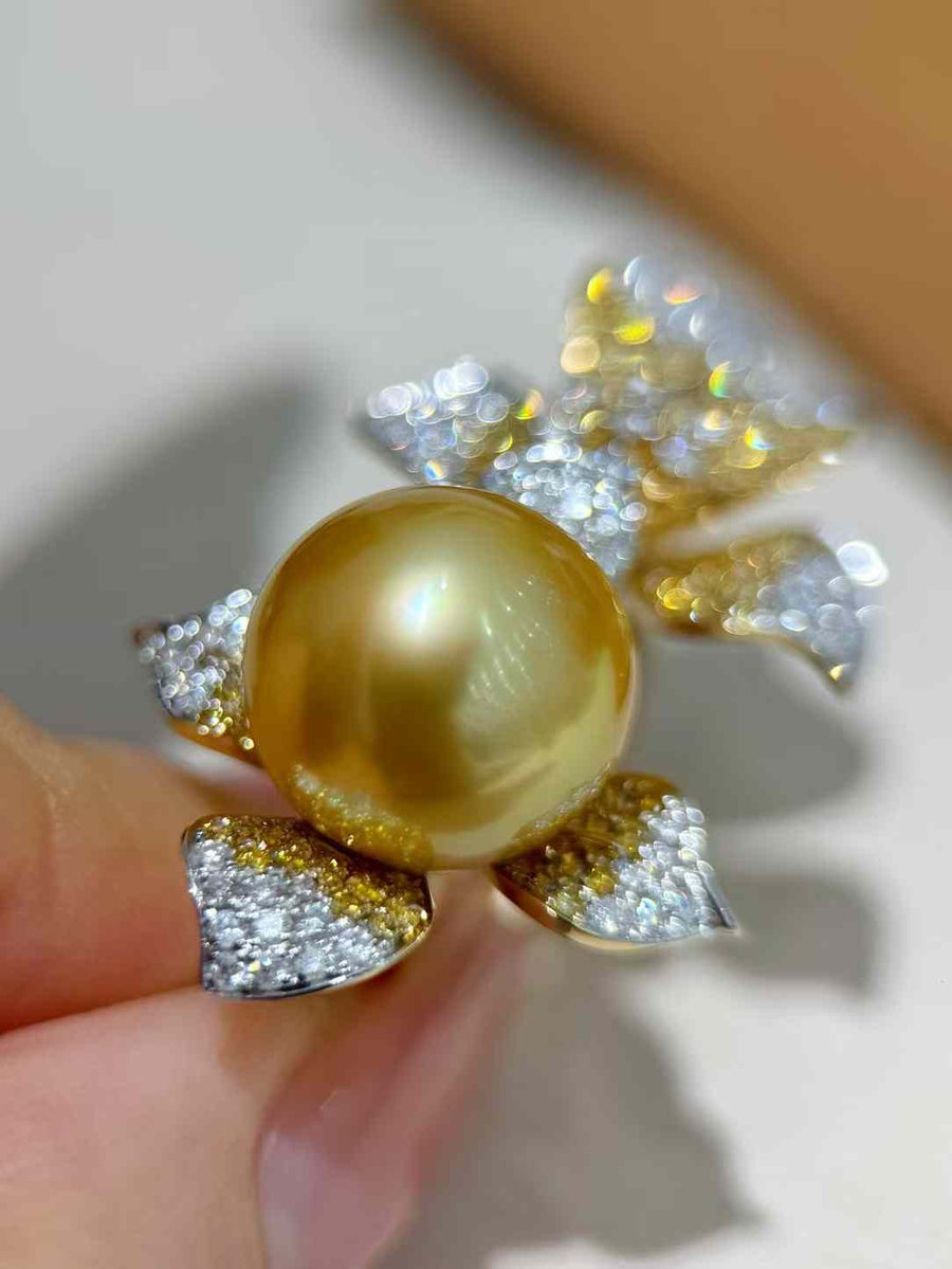 Diamond and Golden South Sea Pearl Ring