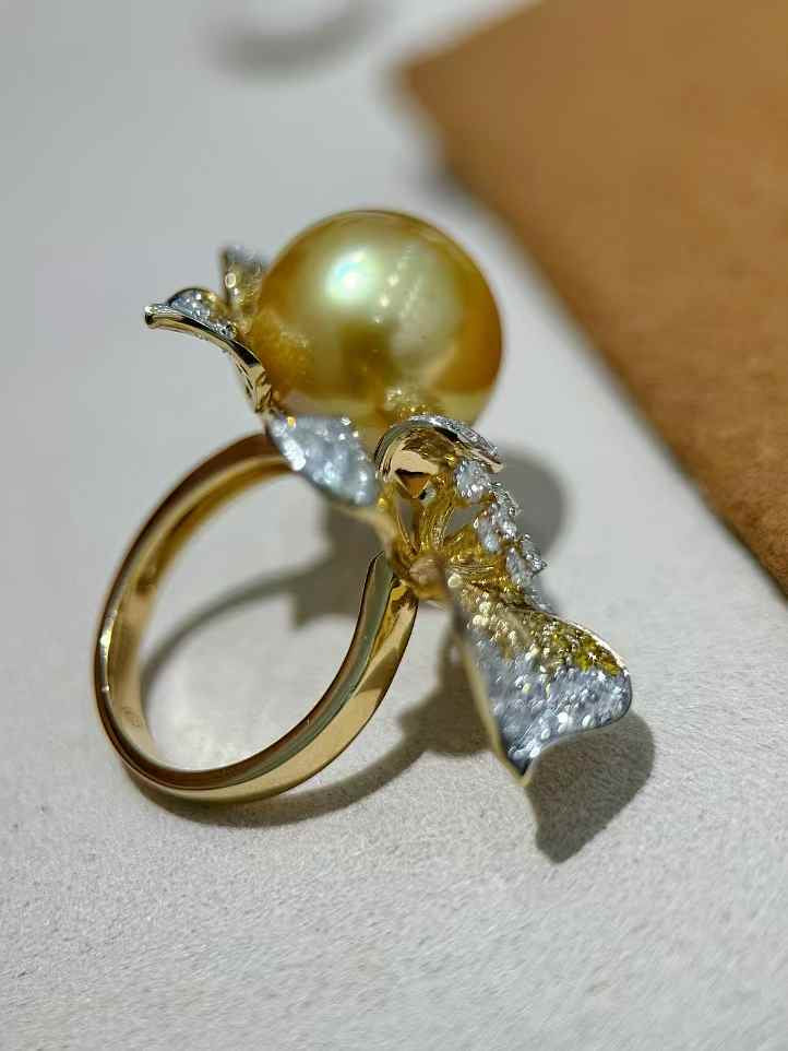 Diamond and Golden South Sea Pearl Ring