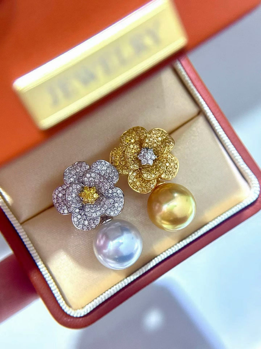 Two-Tone Diamond Flower Earrings | Golden & White South Sea Pearls | 12–13mm