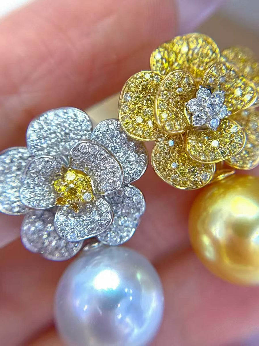 Two-Tone Diamond Flower Earrings | Golden & White South Sea Pearls | 12–13mm