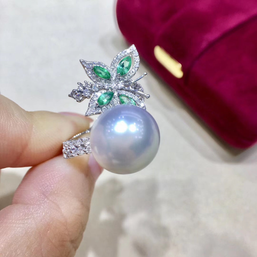 Emerald Butterfly South Sea Pearl Ring
