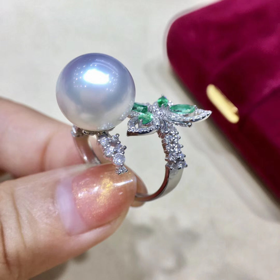 Emerald Butterfly South Sea Pearl Ring