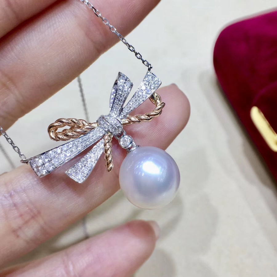 Rose Gold & White Gold Bow South Sea Pearl Pendant