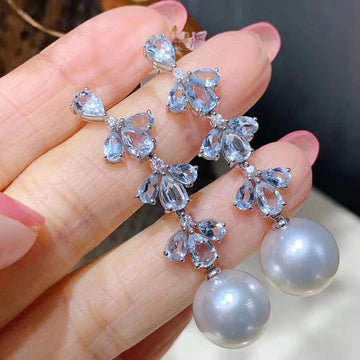 Aquamarine and Australian white south sea pearl earrings