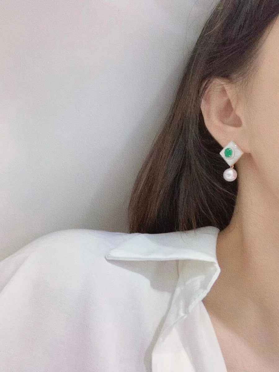 Emerald & Akoya pearl Earrings & Pendant & Ring Set