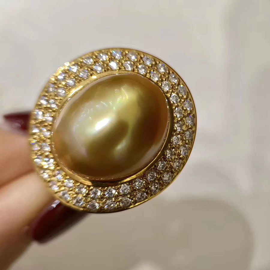 Diamond and Golden south sea Keshi pearl Ring