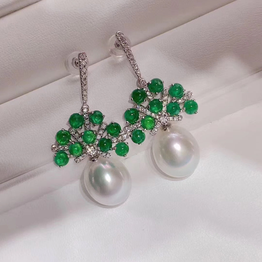 Emerald and Australian white south sea pearl earrings