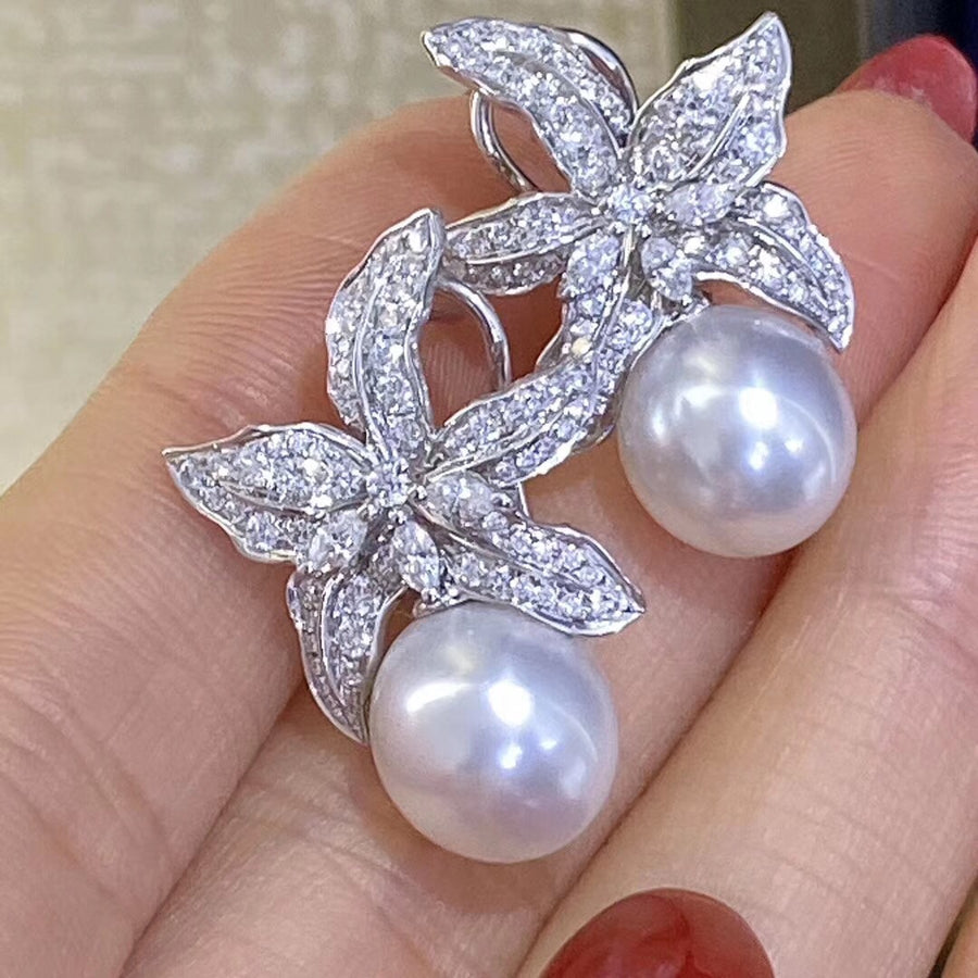 Diamond flower south sea pearl earrings