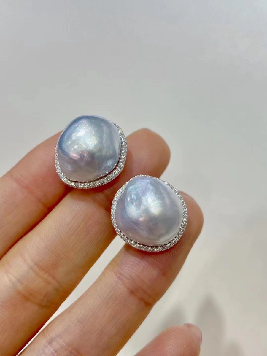 Diamond & Baroque pearl Ear Studs