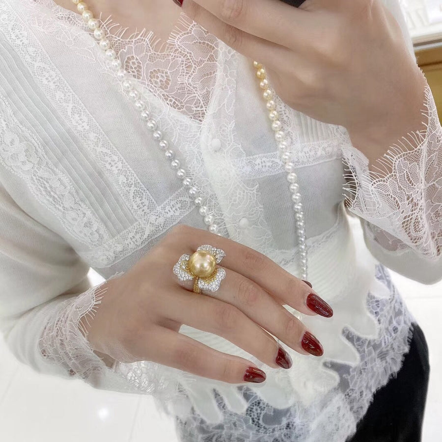 Diamond and golden south sea pearl ring