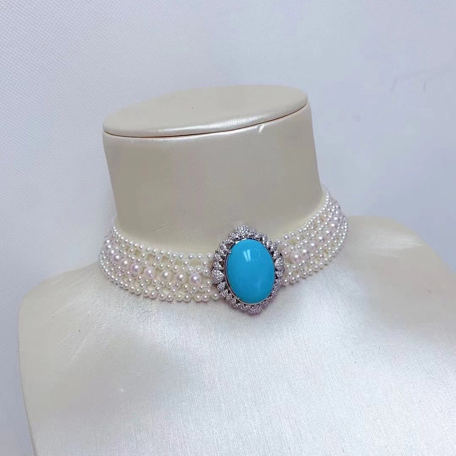 Turquoise & Akoya pearl choker Necklace