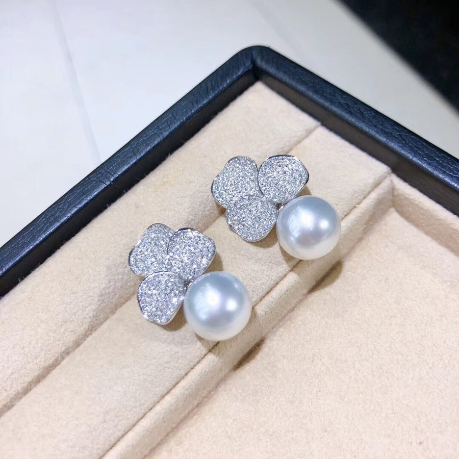 Diamond petal south sea pearl earrings