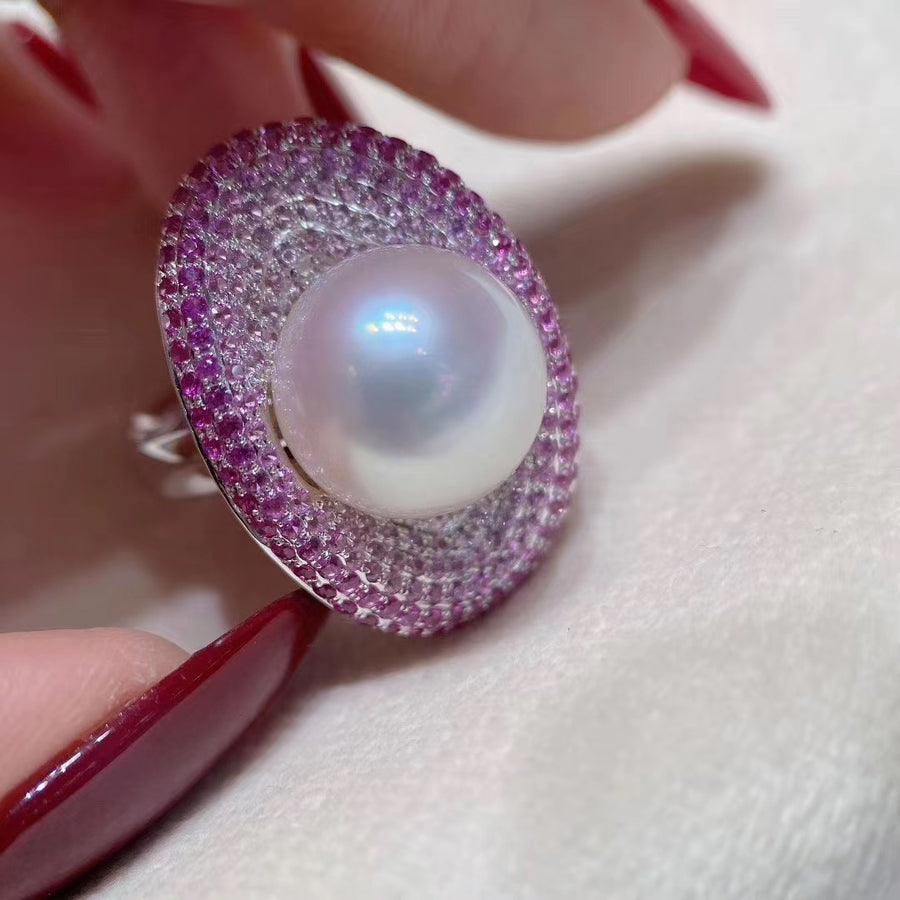 Pink sapphires and South Sea pearl Ring