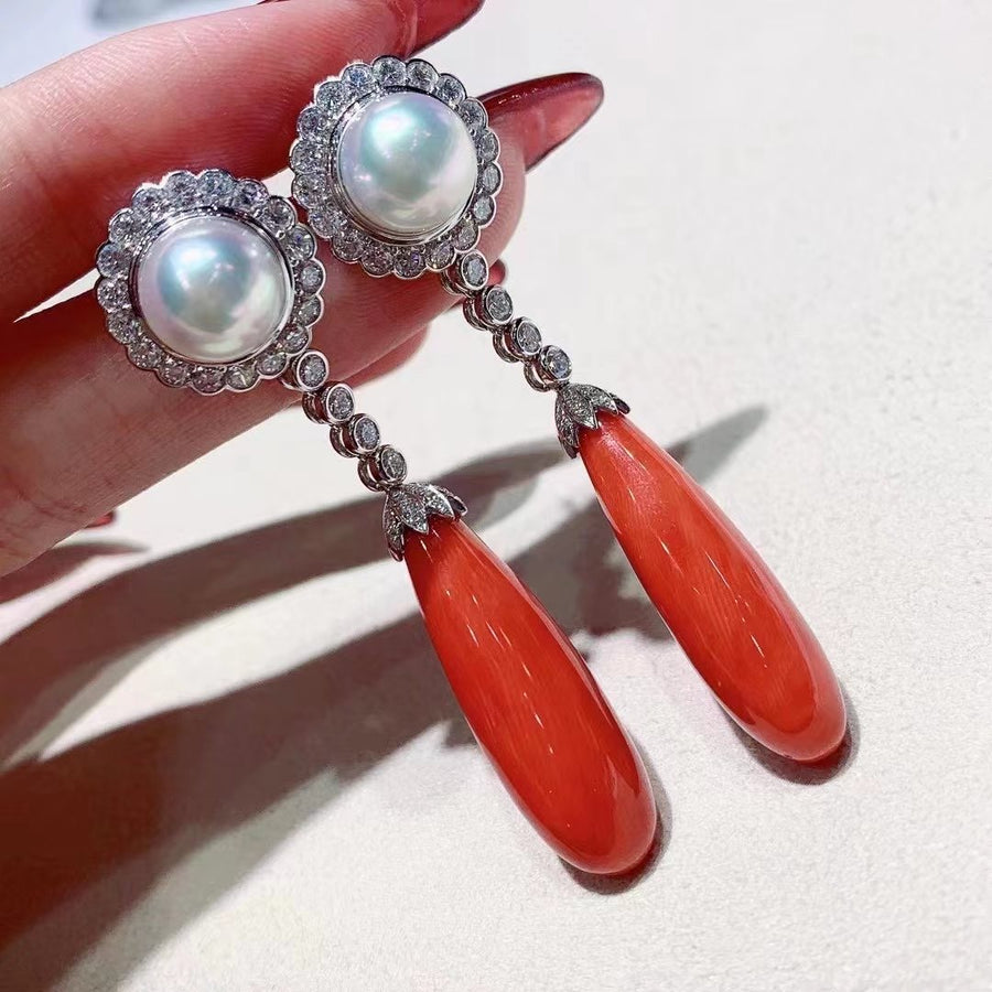 Red coral & Akoya pearl Earrings
