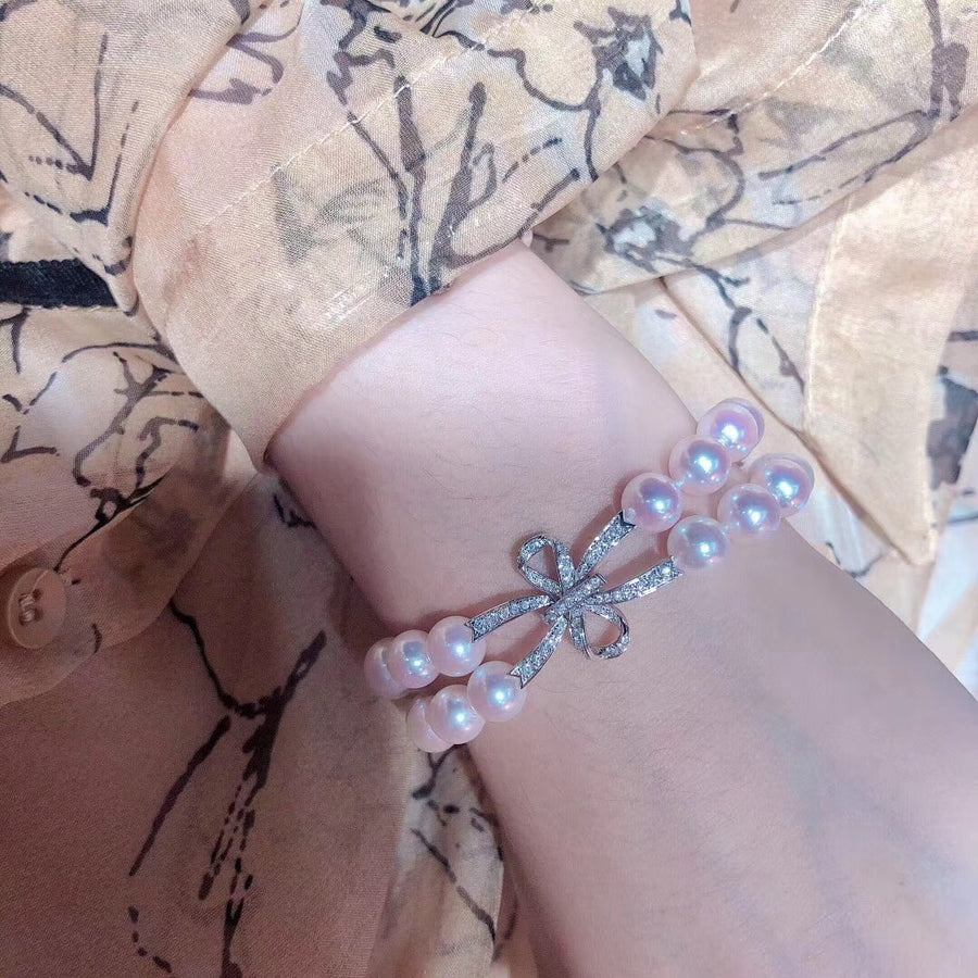 Double Layer Akoya Pearl Bracelet With Diamond Bow