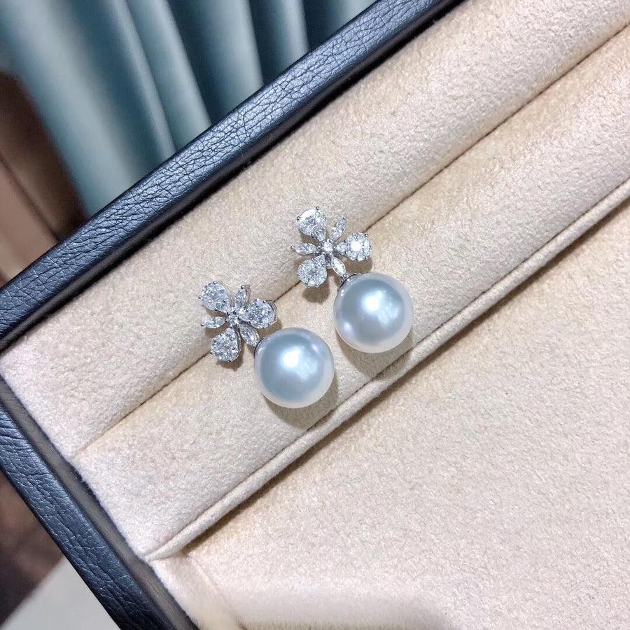 12-13MM White South Sea Pearl & Diamond Earrings