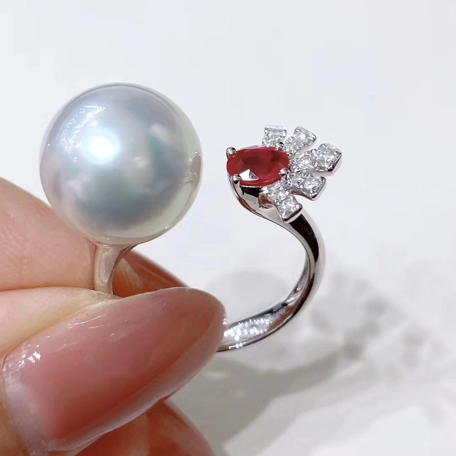 Adjustable Ruby and Australian white south sea pearl Ring