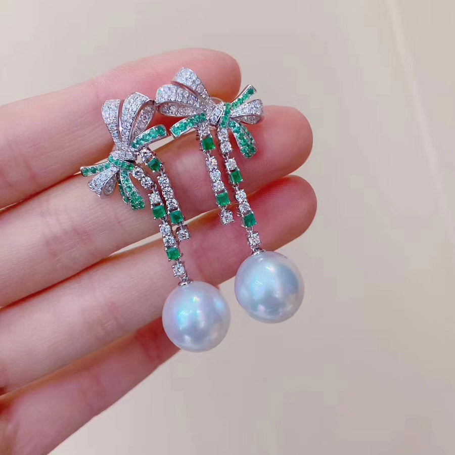 Diamond Emerald and Australian white south sea pearl earrings