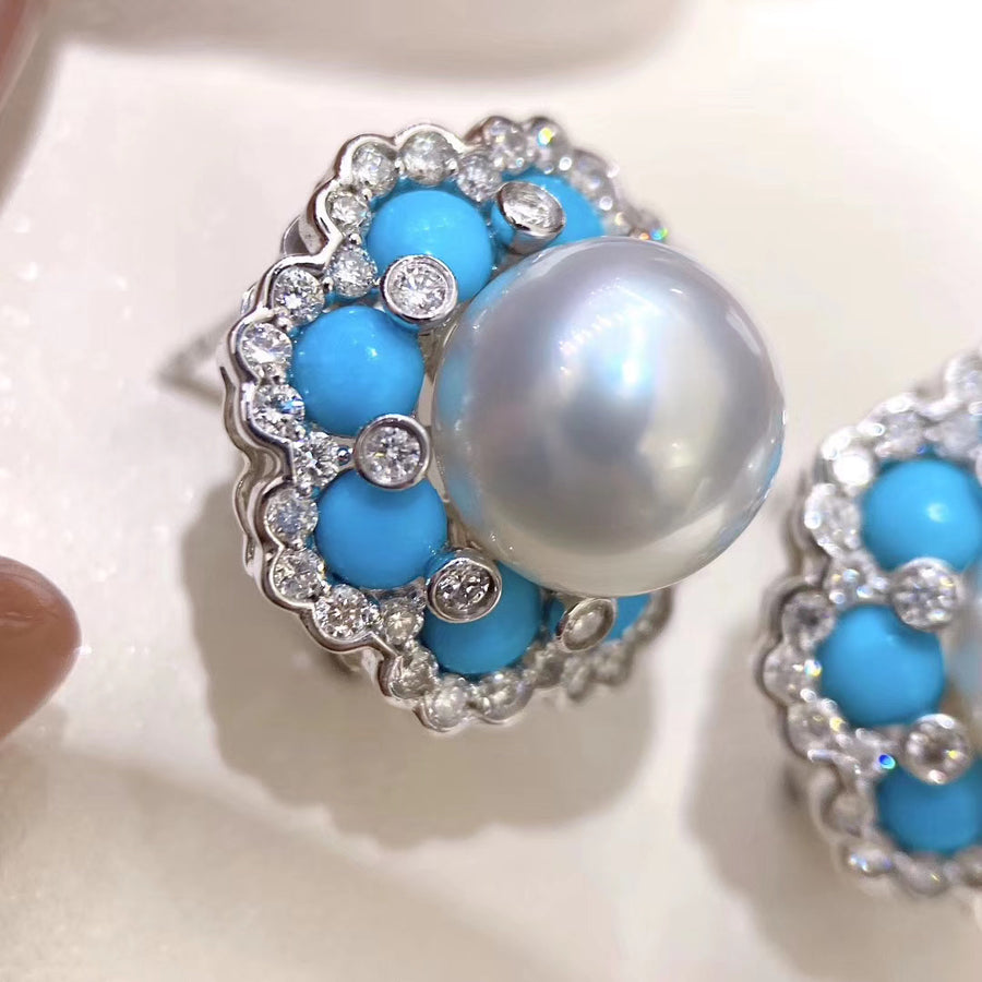 Blue Turquoise and South Sea pearl ear studs