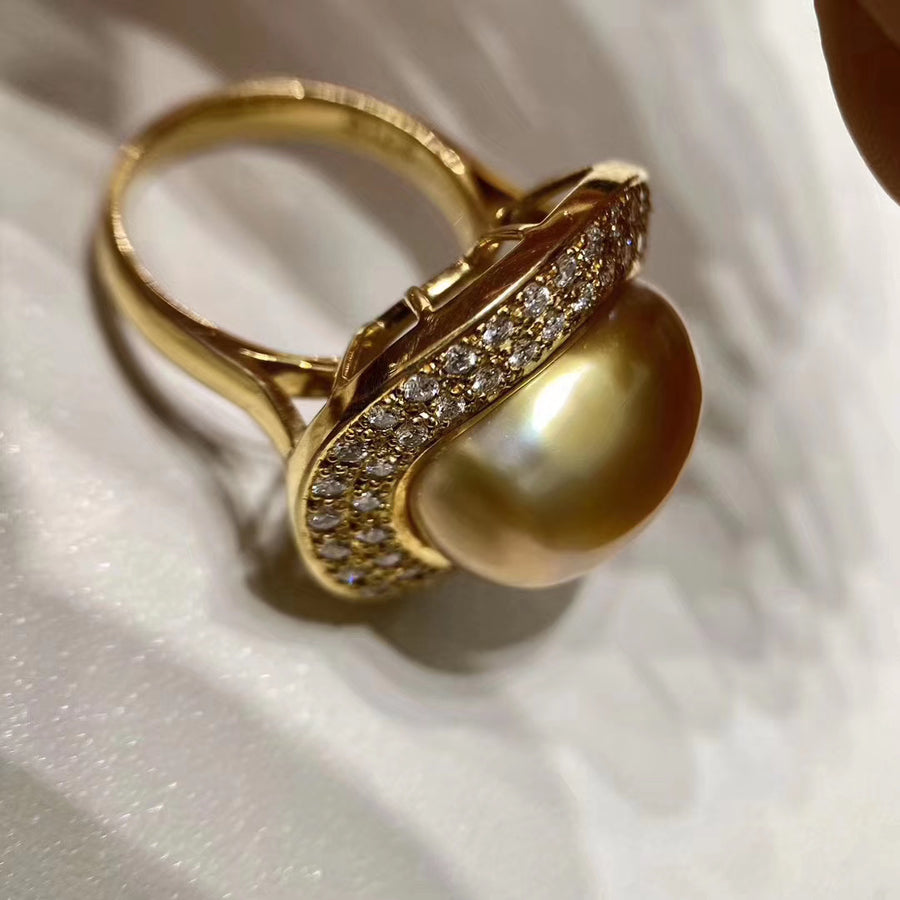 Diamond and Golden south sea Keshi pearl Ring