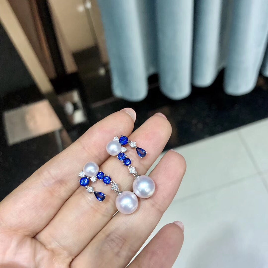 Royal blue sapphire and Akoya pearl earrings