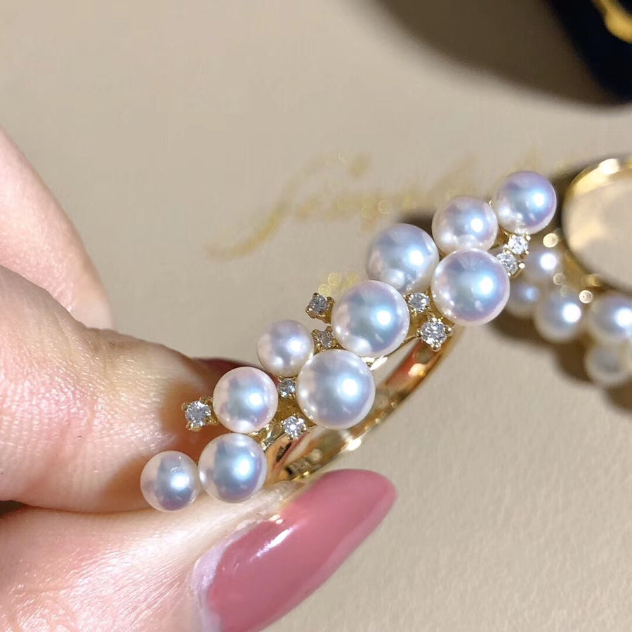 Bubble diamond Akoya pearl ring