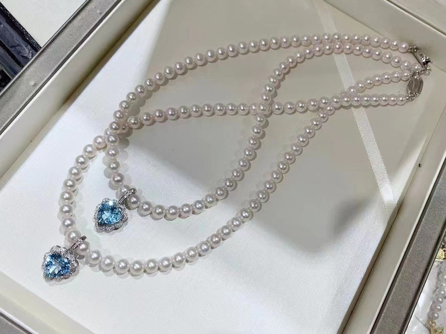 Aquamarine Pendant/Akoya Pearl Necklace/ Aquamarine and Akoya pearl necklace Set