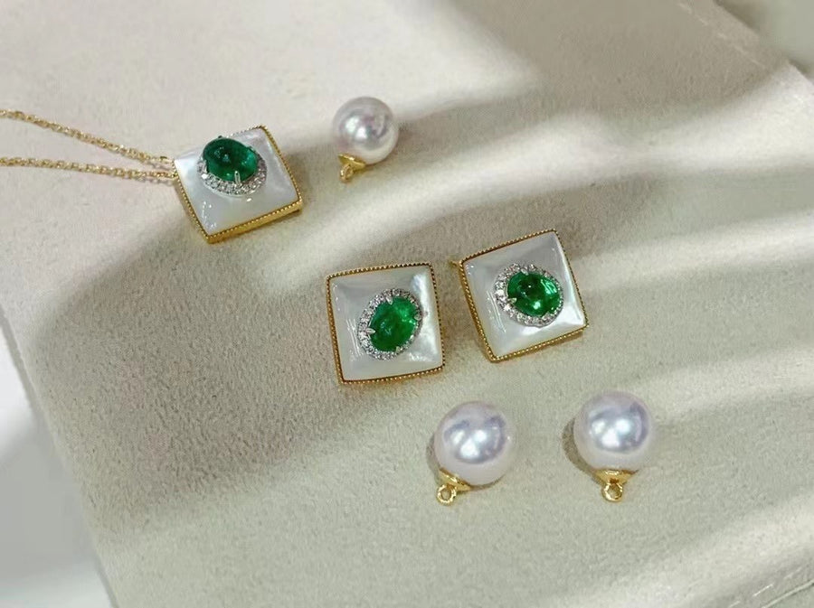 Emerald & Akoya pearl Earrings & Pendant & Ring Set