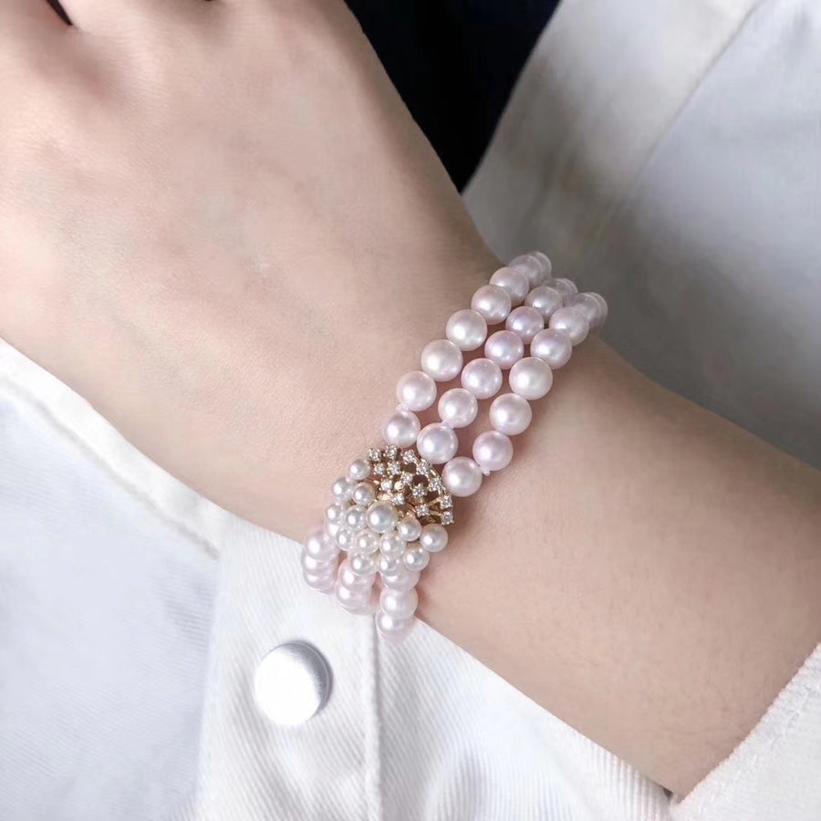 Diamond flower clasp Akoya pearl bracelet