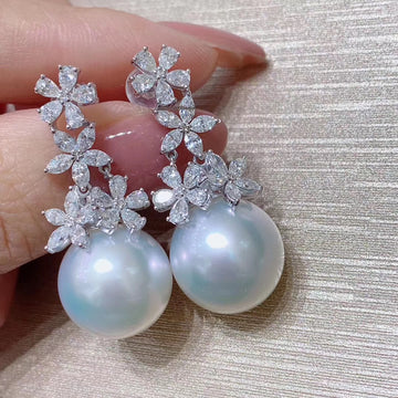Flowers diamond and Australian white south sea pearl earrings