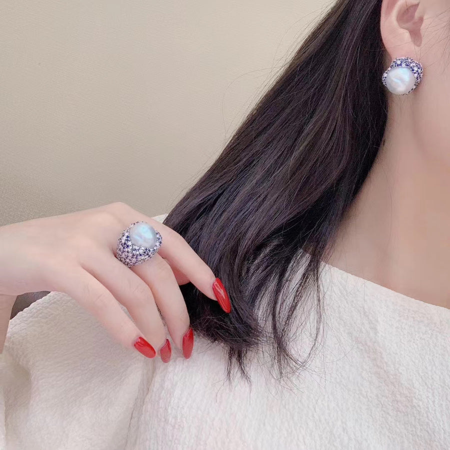 Sapphire & Baroque pearl Ear Studs & Ring