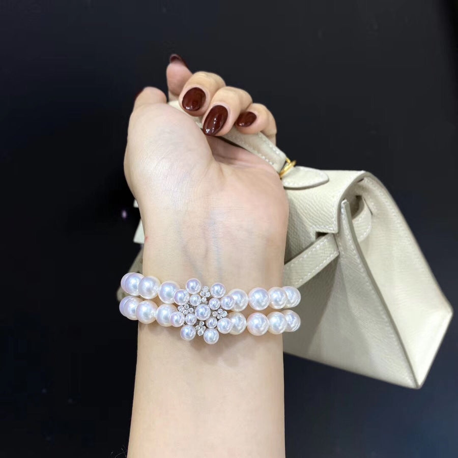 Diamond flower clasp Akoya pearl bracelet