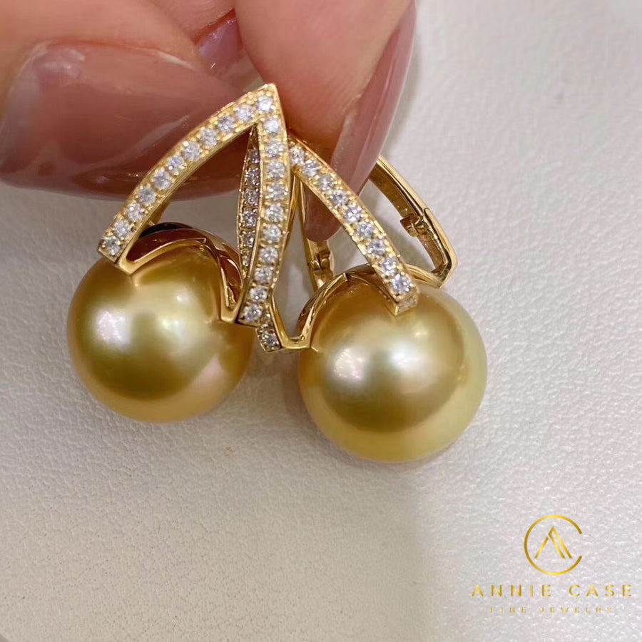 Diamond and golden south sea pearl earrings