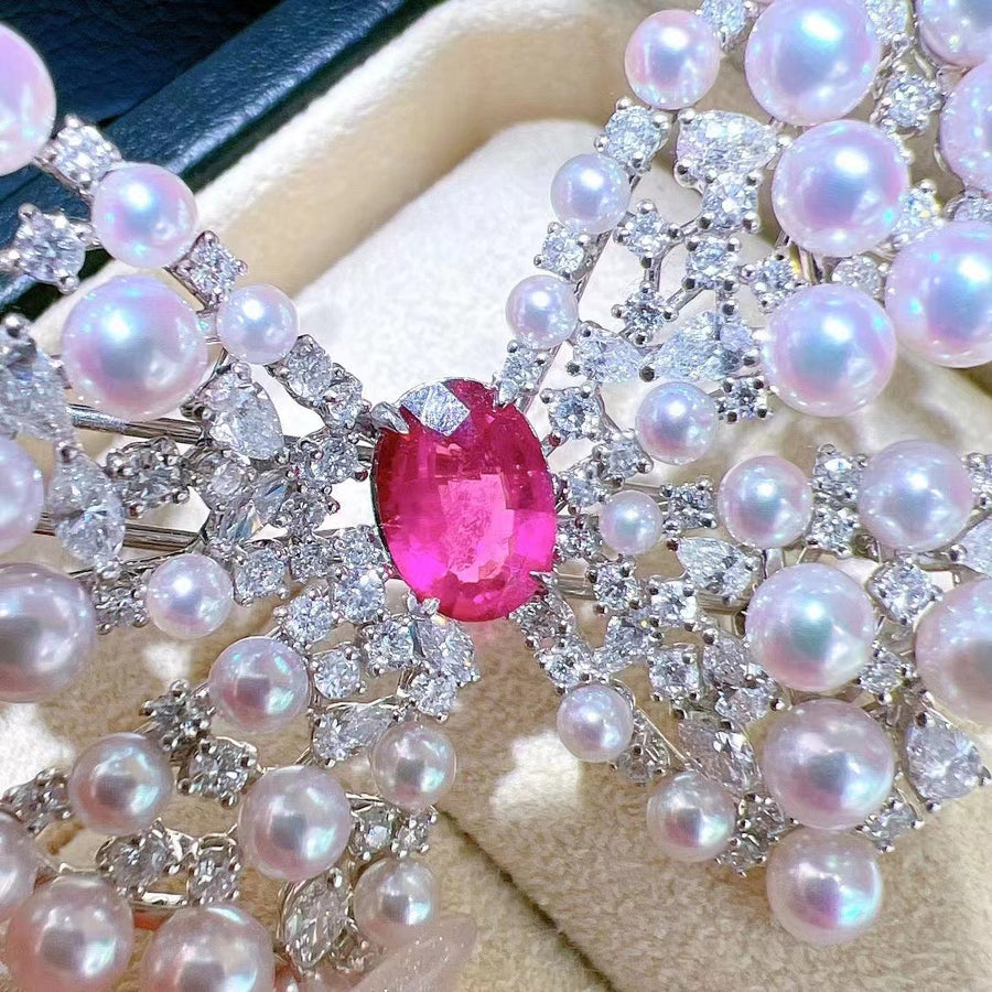 Pink sapphire & Akoya pearl Brooch