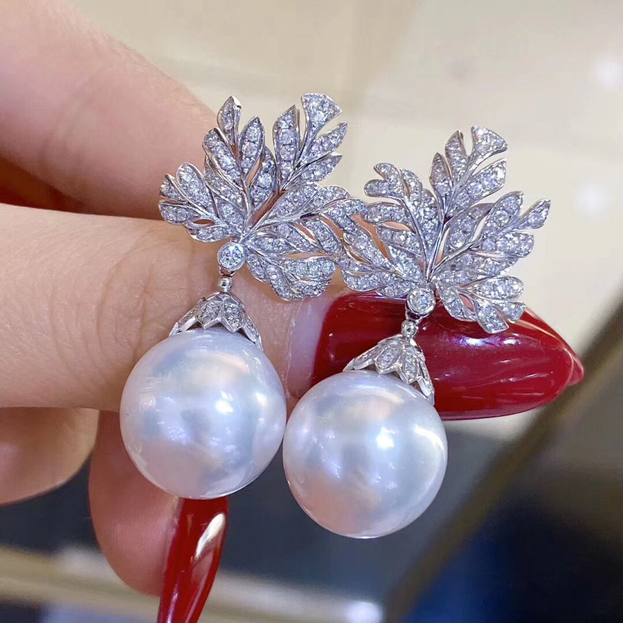 Diamond leaves with south sea pearl earrings