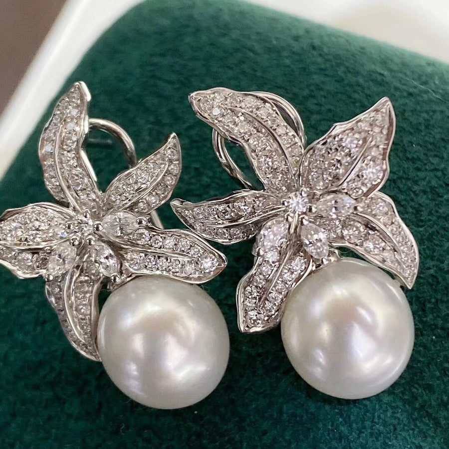 Diamond flower south sea pearl earrings