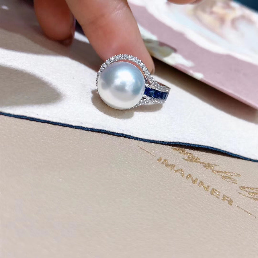 Sapphires and Australian white south sea pearl ring