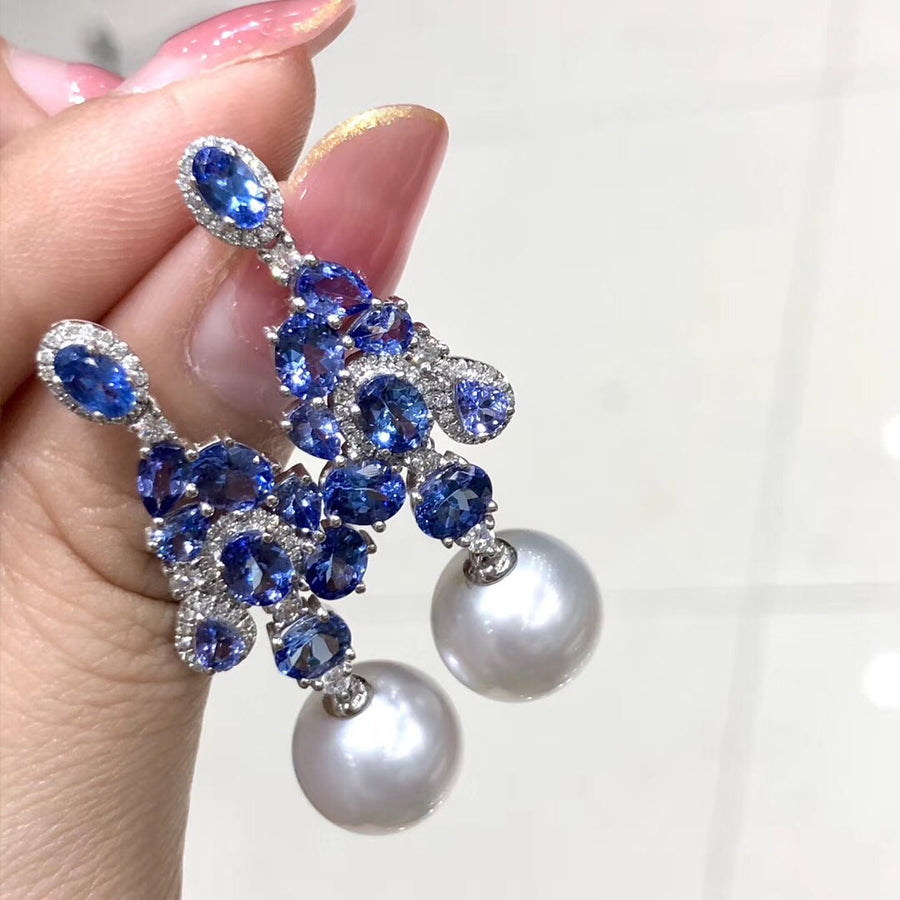 Tazanite & White South Sea Pearl Earrings 