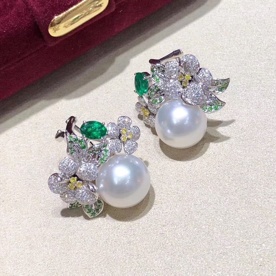 Summer Flower Emerald South Sea Pearl Earrings